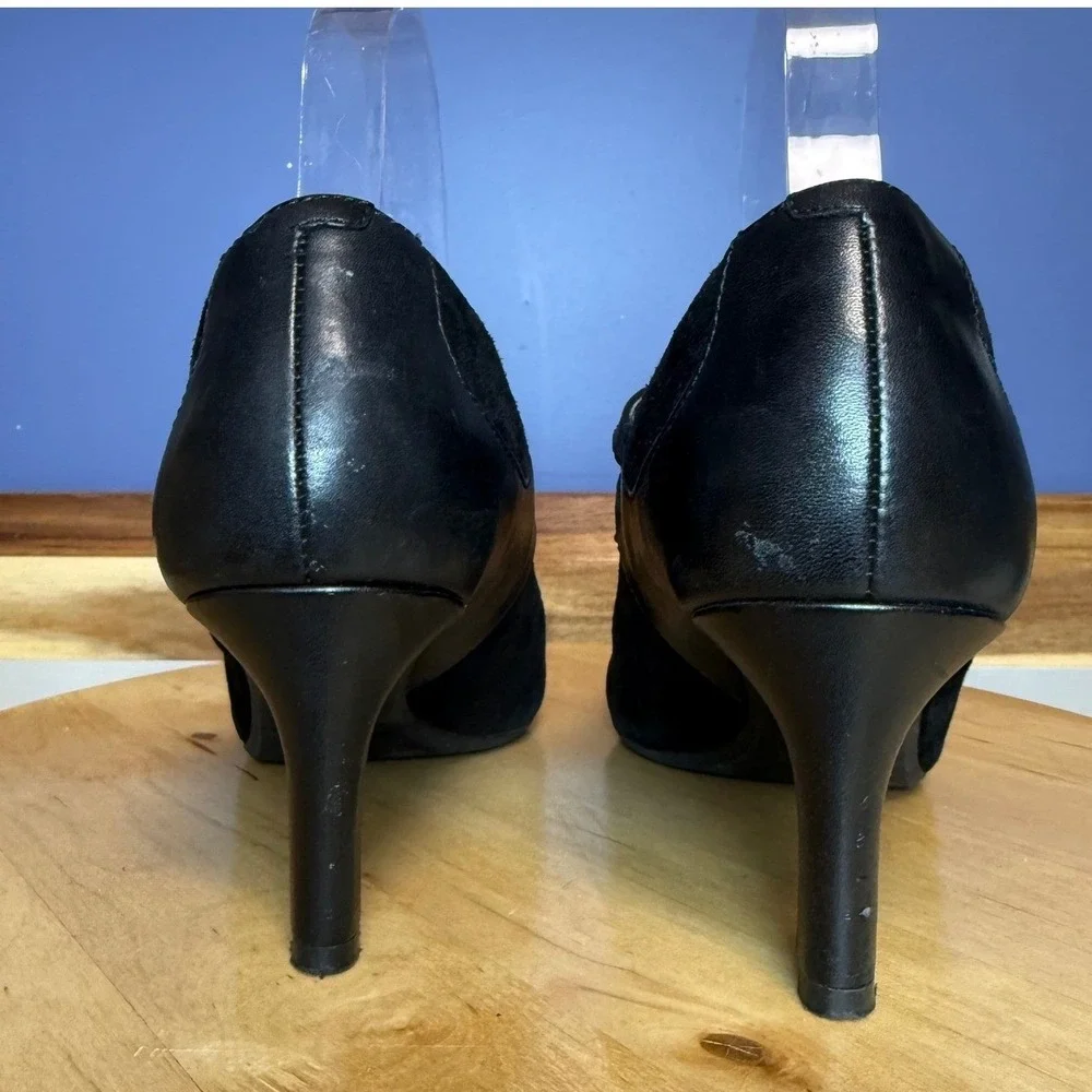 Clarks Womens Black Suede Leather Mary Jane‎ Pumps Buckle Strap Heels Round Toe